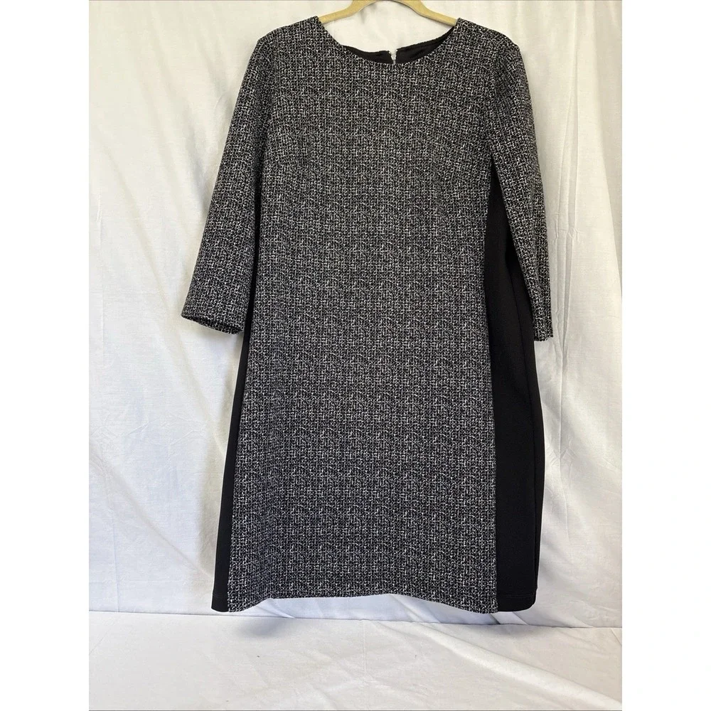 Alyx Twill Shift Dress Womens 14 Black White Plaid 3/4 Sleeve Knee Length